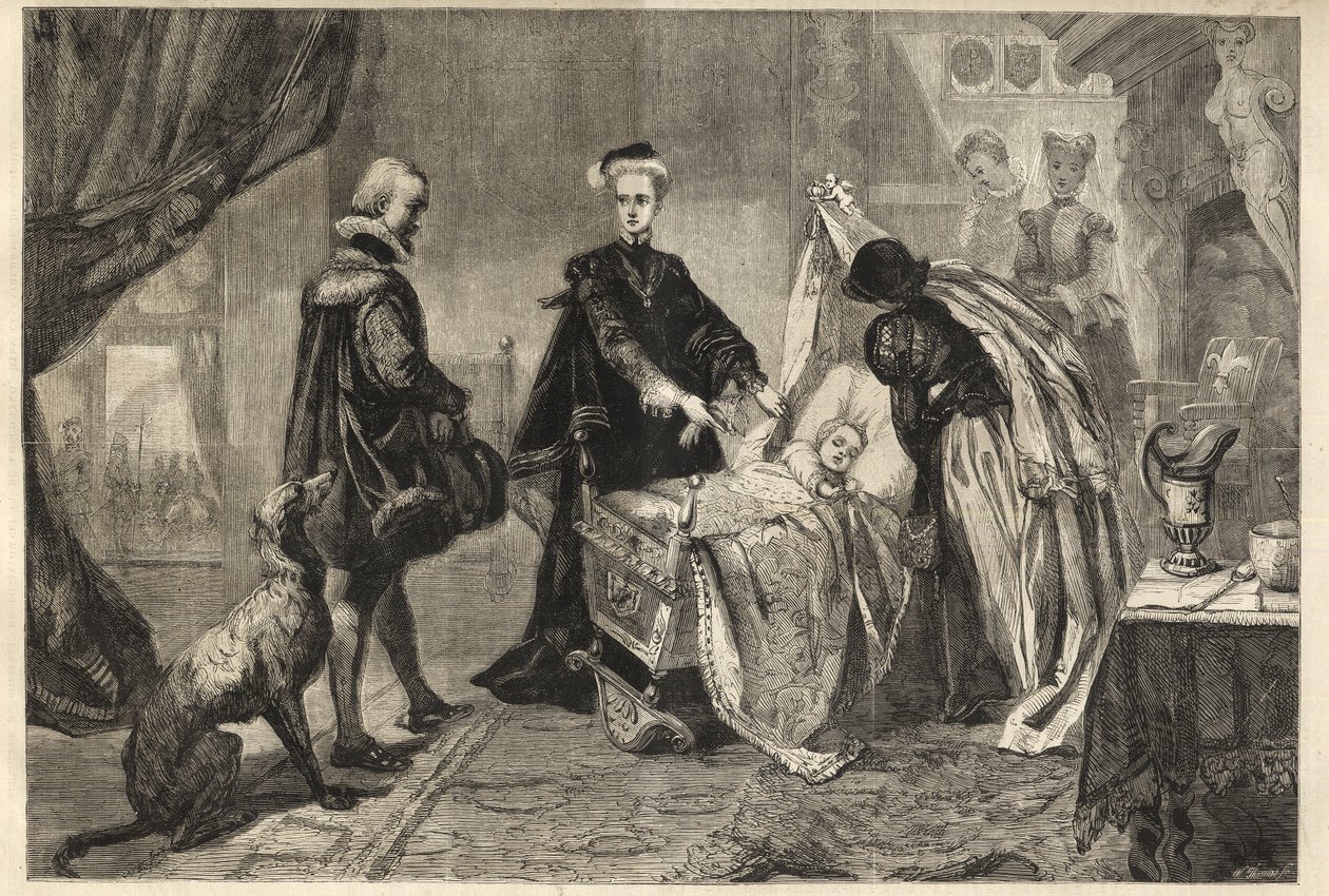 Rainha Mary deixando o Castelo de Stirling - Marie Stuart (Marie I da Escócia) em frente ao berço de seu filho (Jacques Stuart, Jacques VI e eu de William Ward