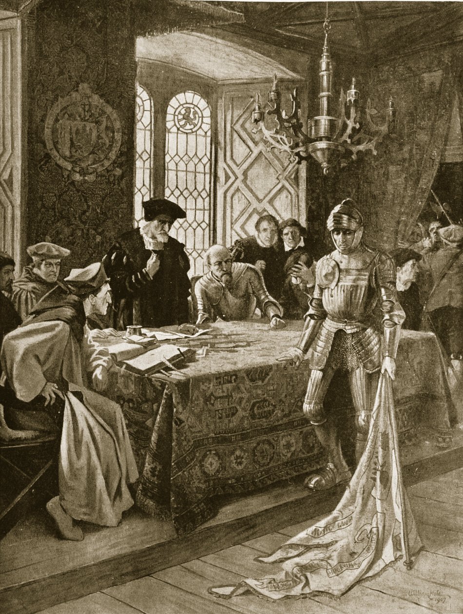 O retorno da bandeira dos comércios a Edimburgo depois de Flodden, ilustração da "História da nação britânica" de Hutchinson, c.1923 de William Ward
