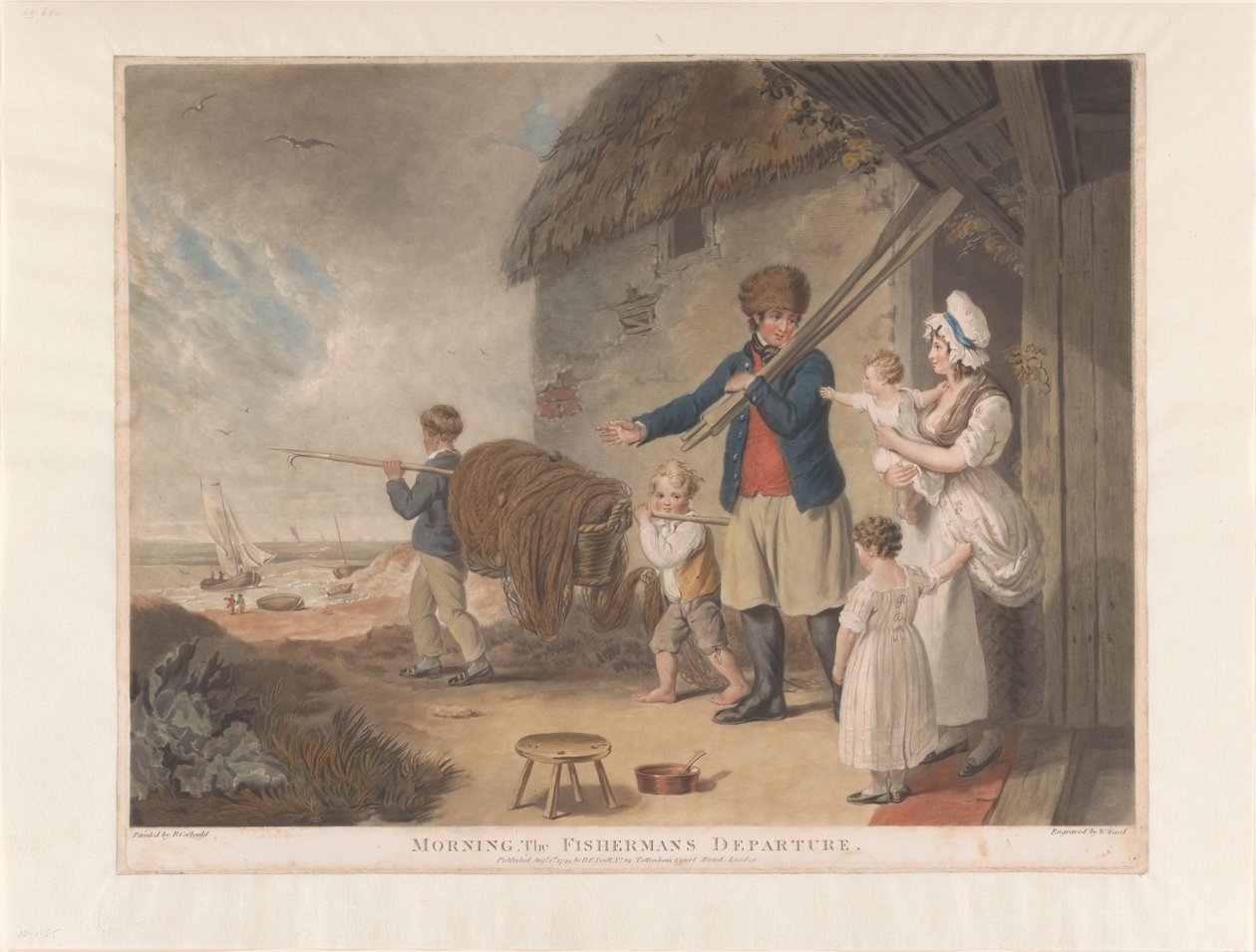 Visser se despede da família para ir trabalhar Manhã, A Partida do Pescador (título no objeto) de William Ward