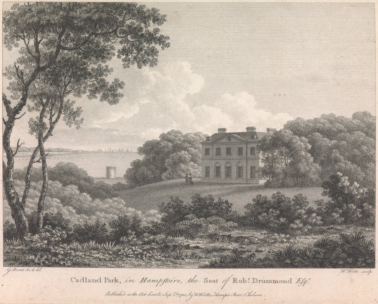 Cadland Park, em Hampshire, a sede de Robert Drummond, Esquire (publicado por W. Watts); página 56 (Volume Um) de William Watts