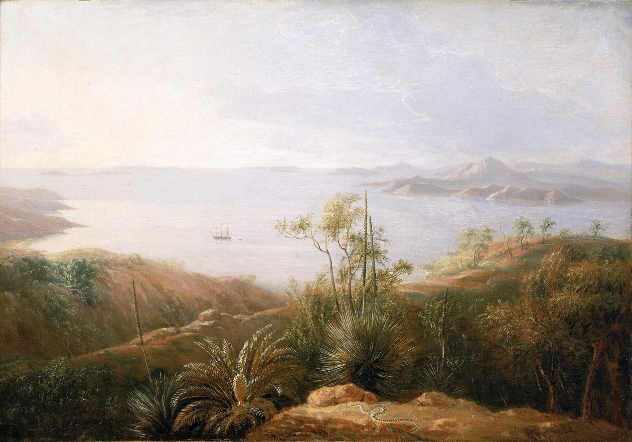 Uma baía na costa sul da Nova Holanda (Austrália), janeiro de 1802, durante a expedição de Matthew Flinders (1774-1814) no Investigator entre 1801 e 1803, para cartografar as terras do sul, o pintor fazia parte da expedição de William Westall