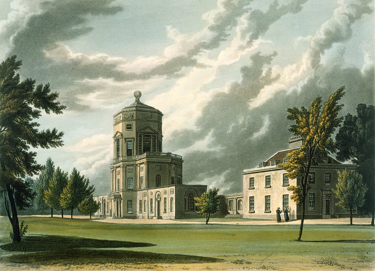 Exterior do Observatório Astronômico, ilustração da História de Oxford, gravada por Joseph Constantine Stadler (fl.1780-1813) pub. por R. Ackermann, 1813 (aquatinta) de William Westall