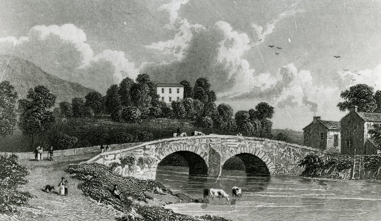 Greta Hall e Keswick Bridge, gravada por E. Francis, 1842 de William Westall