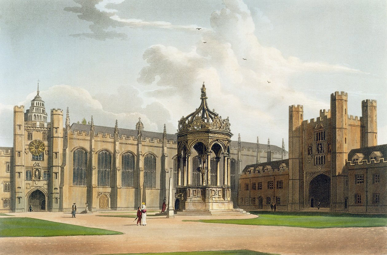 O Tribunal do Trinity College, Cambridge, de "A História de Cambridge", gravado por J. Bluck (fl.1791-1831), pub. por R. Ackermann, 1815 (cor aquatint) de William Westall