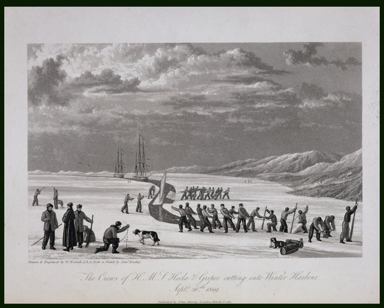 As tripulações do HMS Hecla und Griper em Winter Harbor, em 26 de setembro de 1819, de "Journal of a Voyage para a Descoberta de uma Passagem Noroeste do Atlântico para o Pacífico" de William Westall