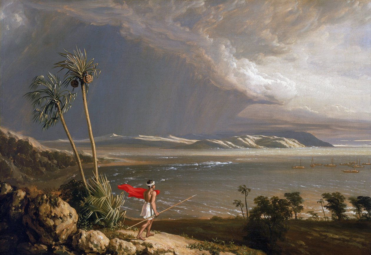Vista da Baía de Malay, na ilha de Pobassoo (Austrália), em fevereiro de 1803. Óleo sobre tela, início do século XIX, de William Westall (1781-1850). de William Westall