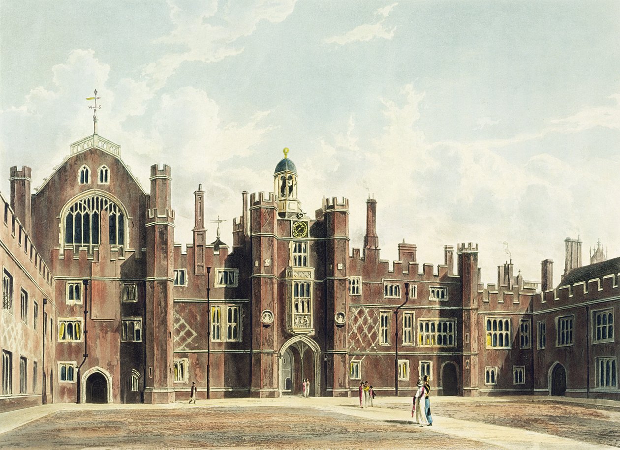 Vista, de, a, quadrângulo, em, hampton, corte, palácio, de, Pyne&39;s, &39;Royal, Residences&39;, gravado, por, thomas, Sutherland, (bc1785), publicado, em, 1819 de William Westall
