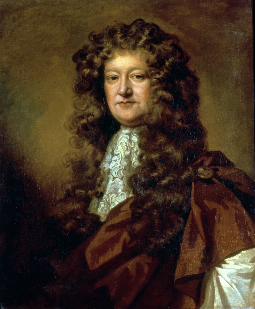 Retrato de um cavalheiro de manto marrom e jabot branco de William Wissing or Wissmig