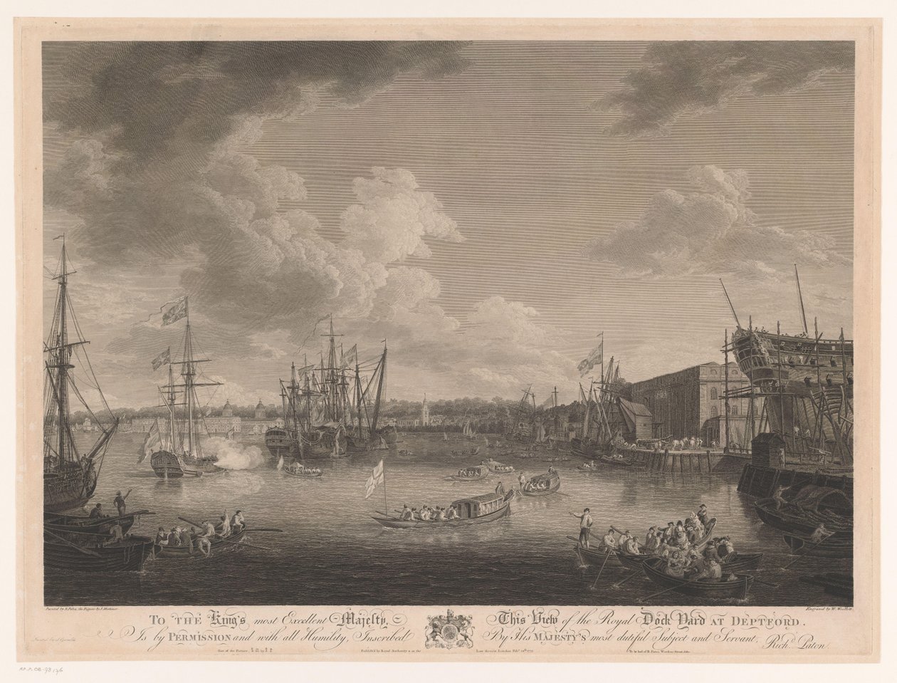 Vista do Estaleiro Deptford (...) Vista do Royal Dock Yark em Deptford (...) (título no objeto) de William Woollett