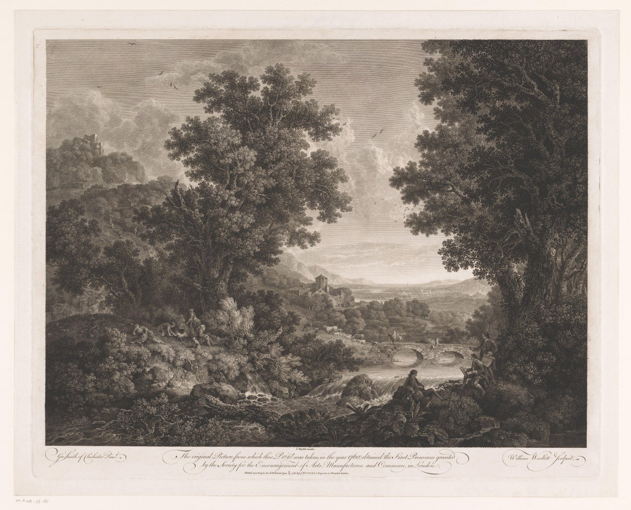 Paisagem com figuras ao redor de um incêndio e um desenhista e jogador de shawm na margem de um rio Primeira paisagem premium de William Woollett