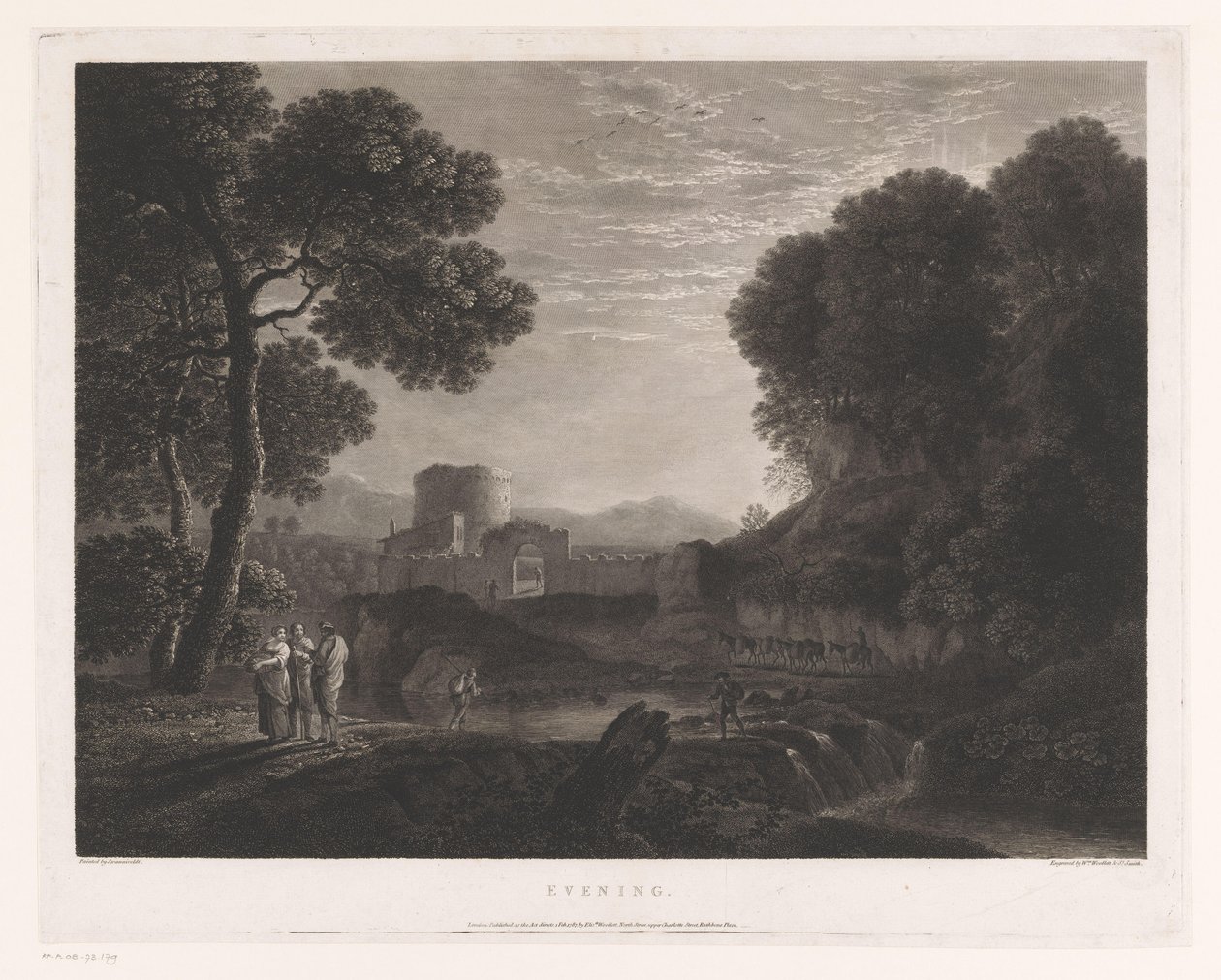 Paisagem com portão e torre na margem de um rio Noite (título no objeto) de William Woollett