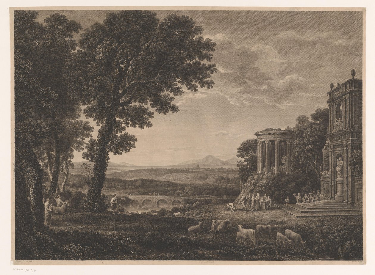 Paisagem com pai de Psique sacrificando em frente ao templo de Apollo de William Woollett