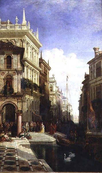 Uma Vista Capriccio de Veneza com uma Princesa sendo Mostrada a uma Gôndola no Verso da Scuola di San Marco de William Wyld