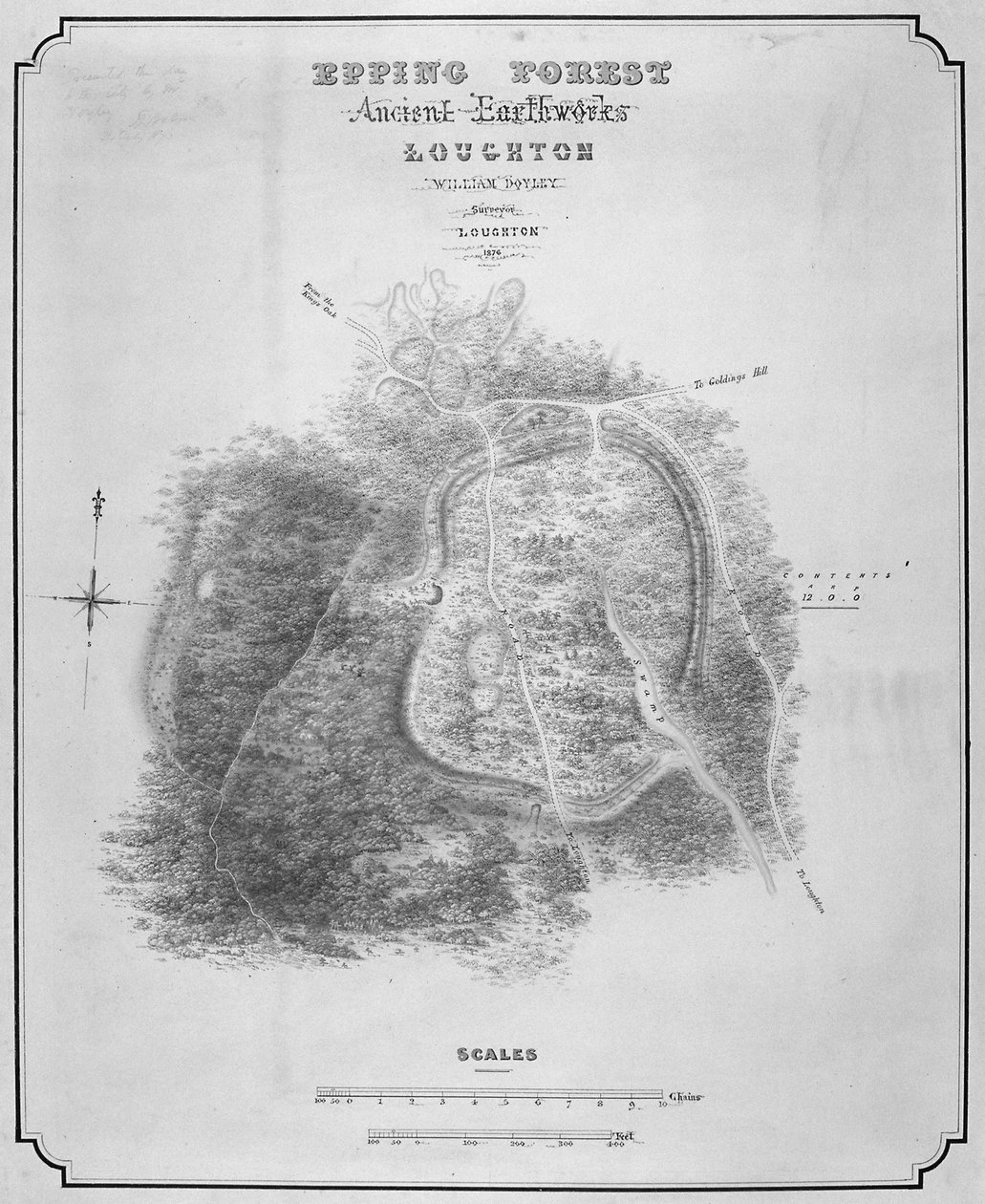 Mapa dos antigos trabalhos de terraplanagem em Loughton Camp feitos por volta de 52 dC em Epping Forest, Essex, 1876 de William d