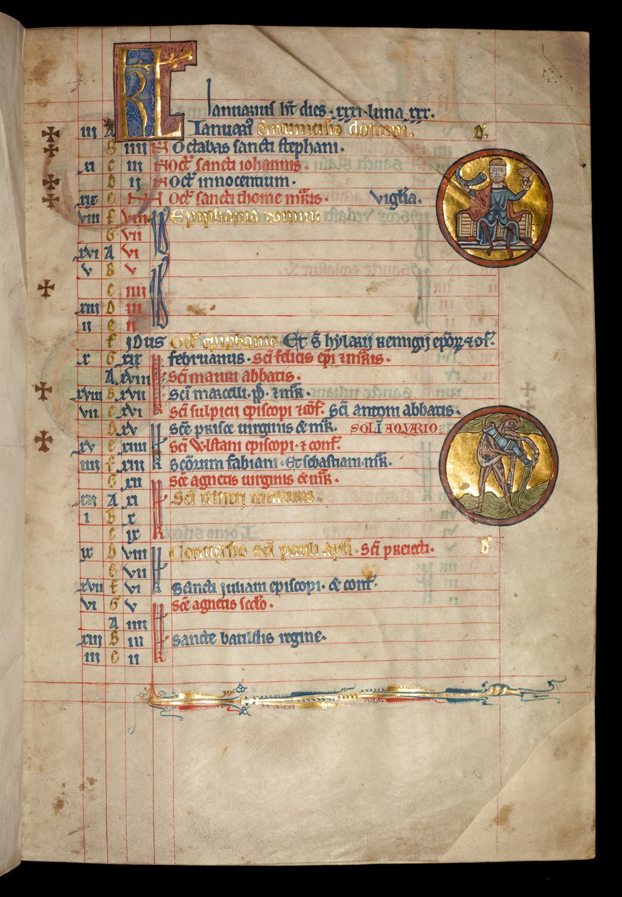 Ms 322 f.1r janeiro, um homem de três cabeças bebendo, ilustração do &39;De Brailes Psalter&39;, c.1250 de William de Brailes  