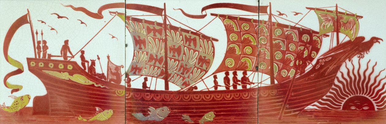 Três, azulejos, descrevendo, um, navio, velejando, em, pôr do sol, (ceramic) de William de Morgan