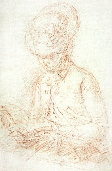 Mulher em leitura de hábitos de equitação (giz vermelho sobre papel) de William of Bath Hoare
