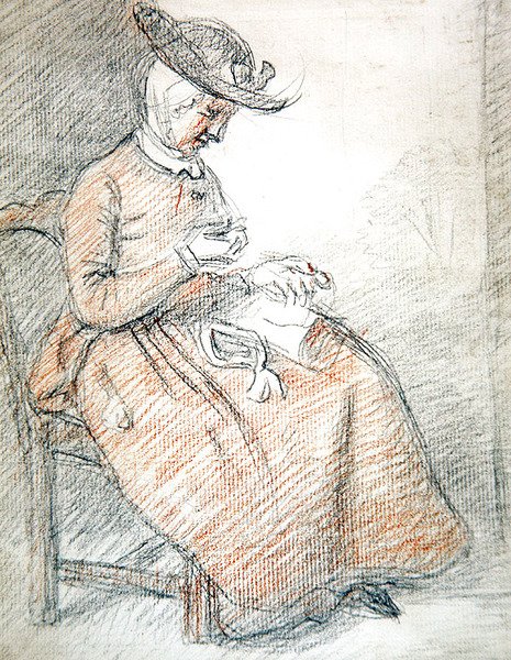 Mulher sentada a coser (giz vermelho e preto sobre papel) de William of Bath Hoare