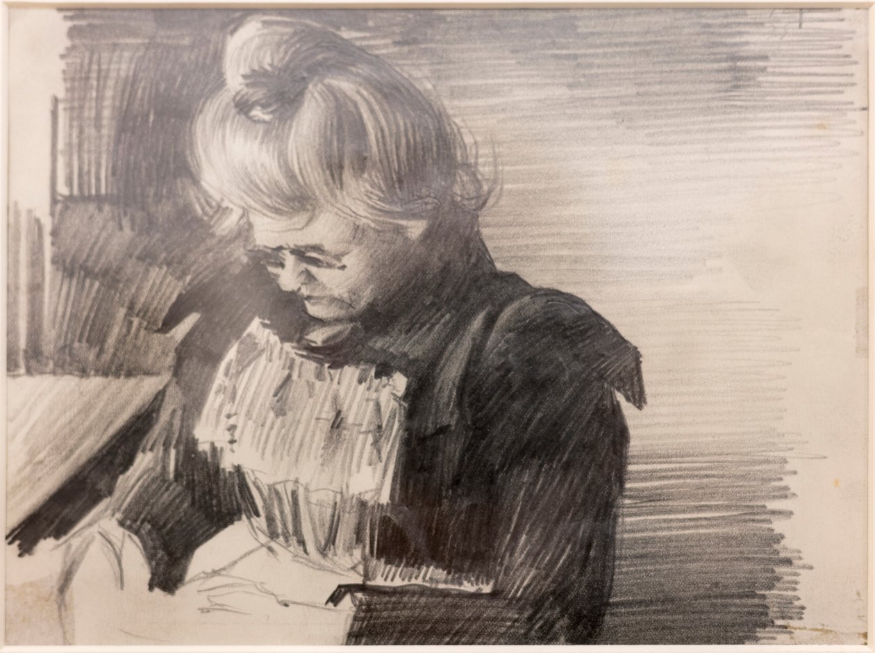 Uma Mulher a coser (Femme cousant) (Lápis sobre papel) de William van Strydonck