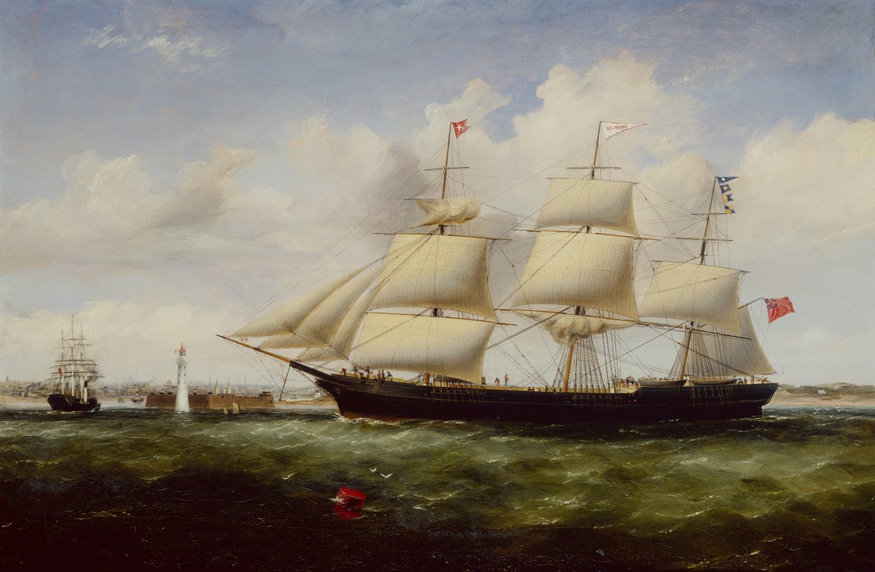 Pastora-navio passando Perch Rock Fort and Lighthouse quando chega ao Mersey (óleo sobre tela) de Williams Kimmins McMinn