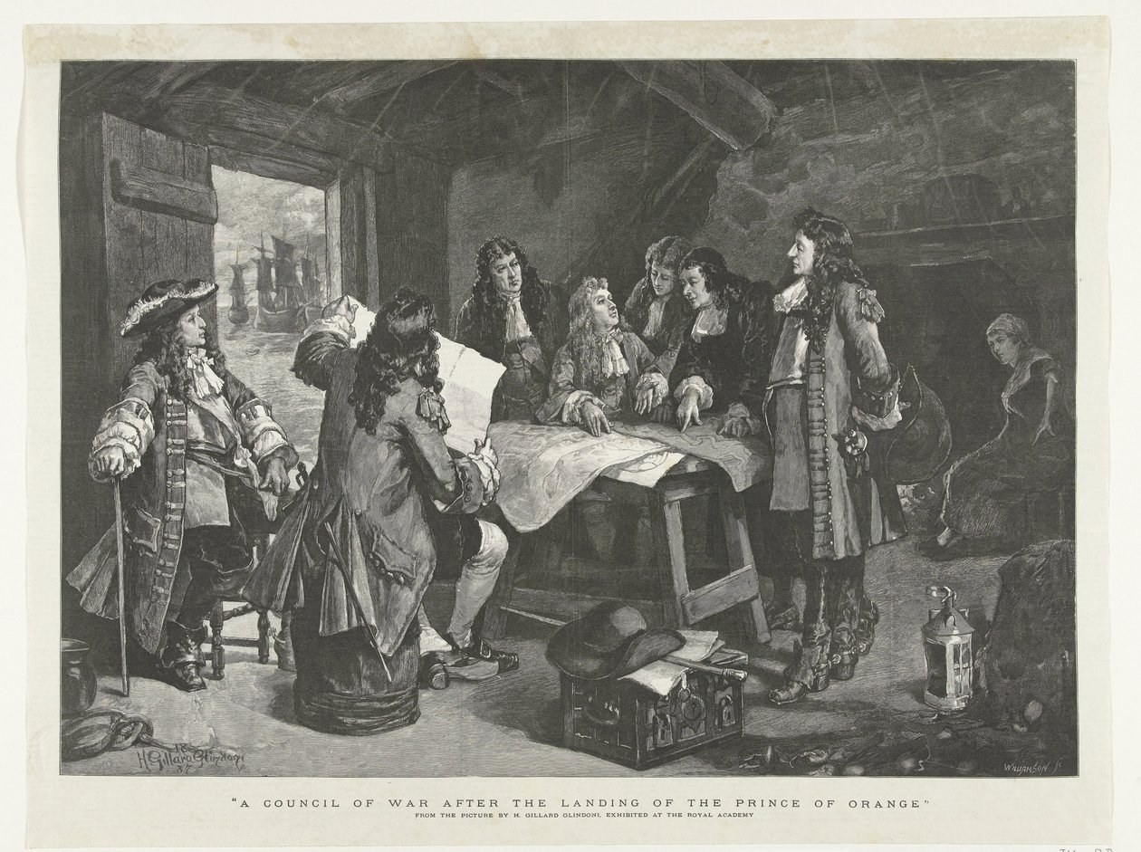 William III detém o conselho de guerra na cabana de um pescador, 1688 Um conselho de guerra após o desembarque do Príncipe de Orange (título no objeto) de Williamson