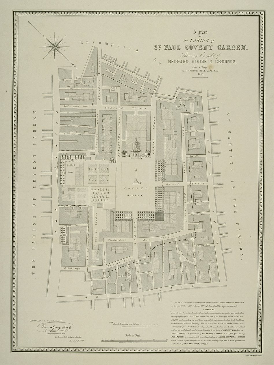 Mapa da paróquia de São Paulo, Covent Garden, mostrando o local da Bedford House and grounds, publicado por WP Metchim, 1686 de Willian Leybourn