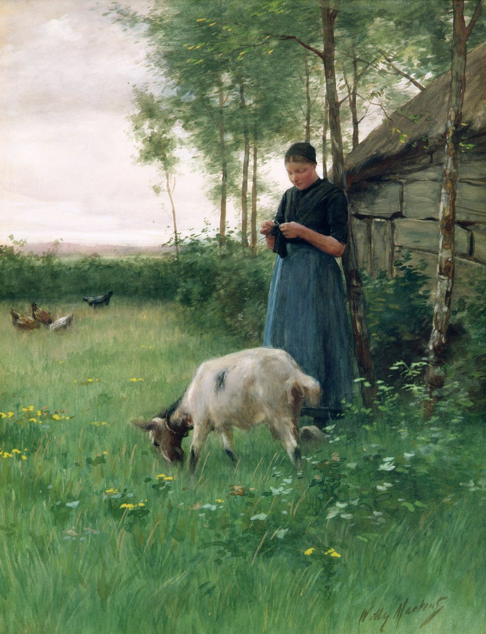 Uma menina holandesa com cabra e galinhas, c.1910 de Willy Martens