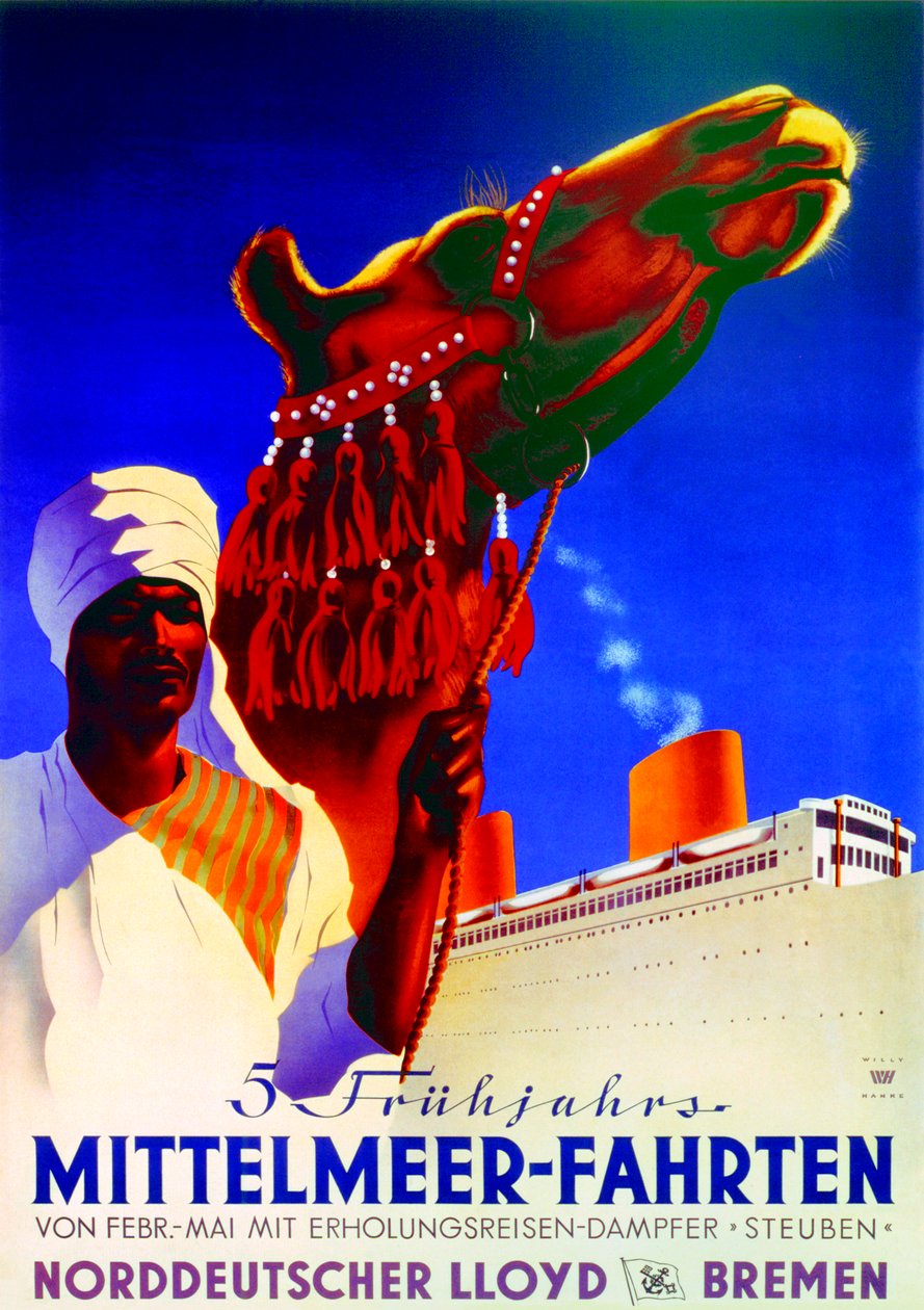 "5 Spring Mediterranean Cruises", cartaz publicitário da Bremen North German Lloyd Line de Willy Hanke