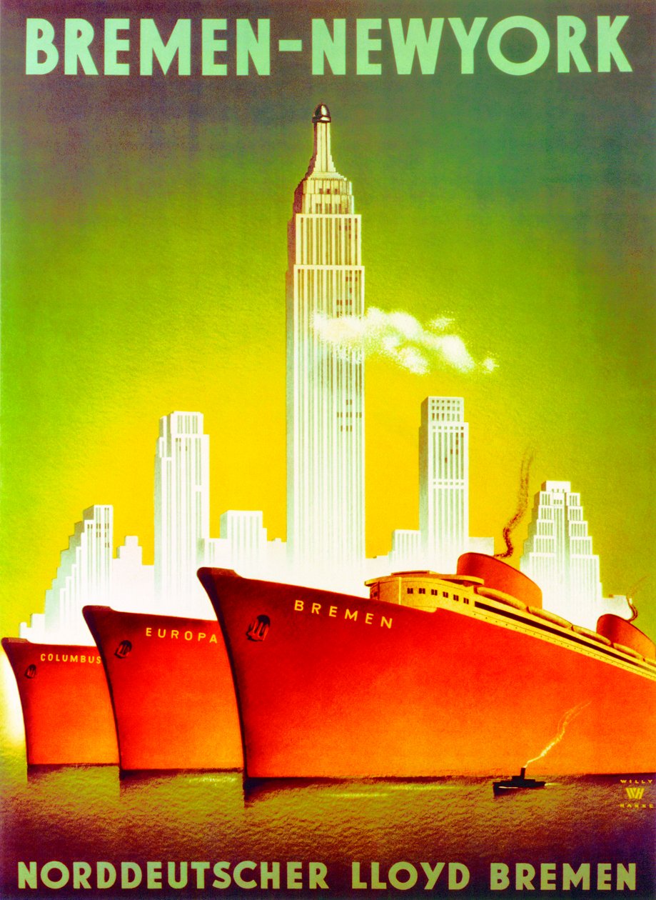 "Bremen - Nova Iorque", cartaz publicitário da North German Lloyd Line de Willy Hanke