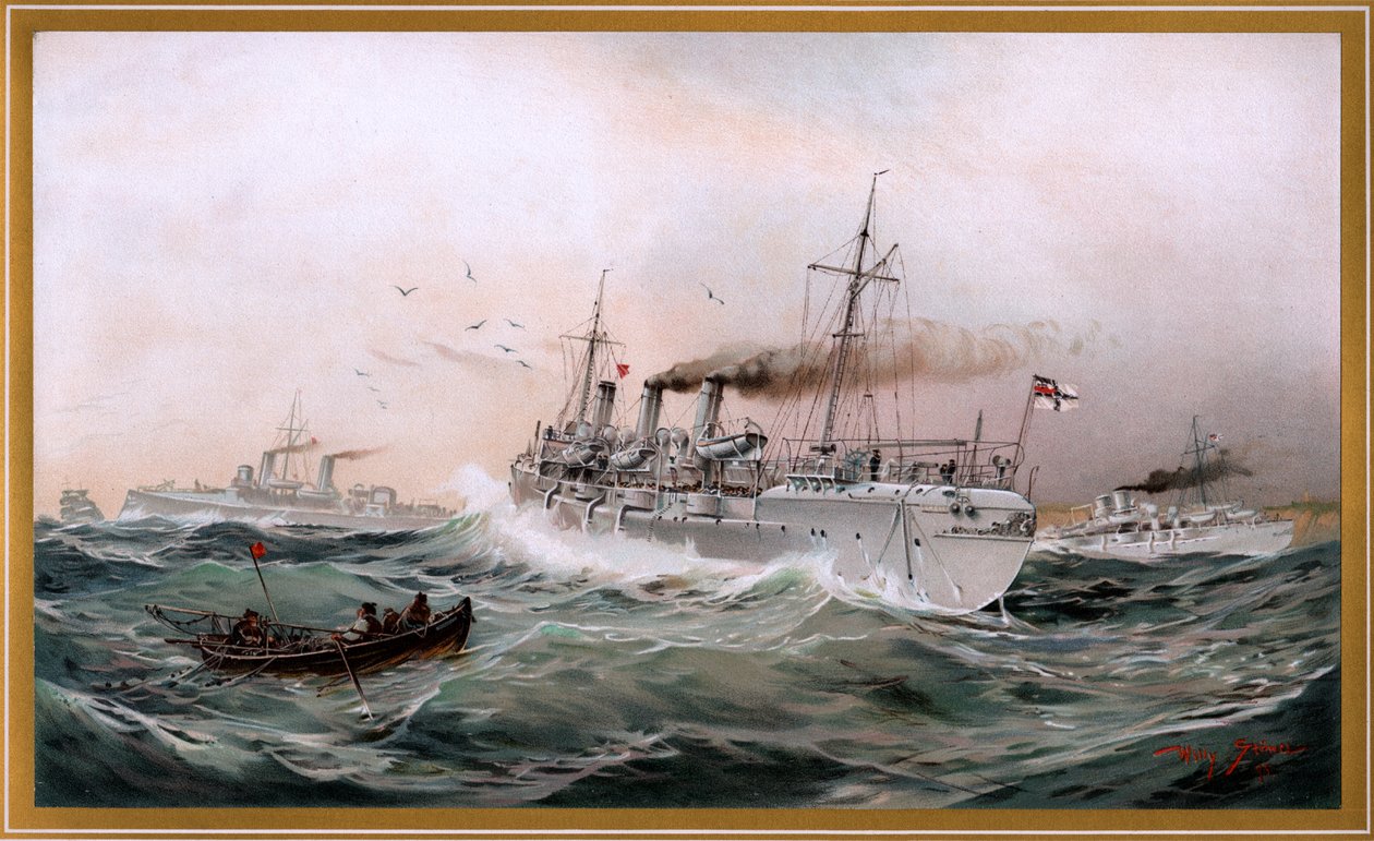 Marinha Imperial Griffin, Meteor e Jagd spähen bei Brüsterort, cromo-litógrafo de Willy Stöwer 1894, nr9 de G. Wislicenus, Unsre Kriegsflotte. de Willy Stöwer