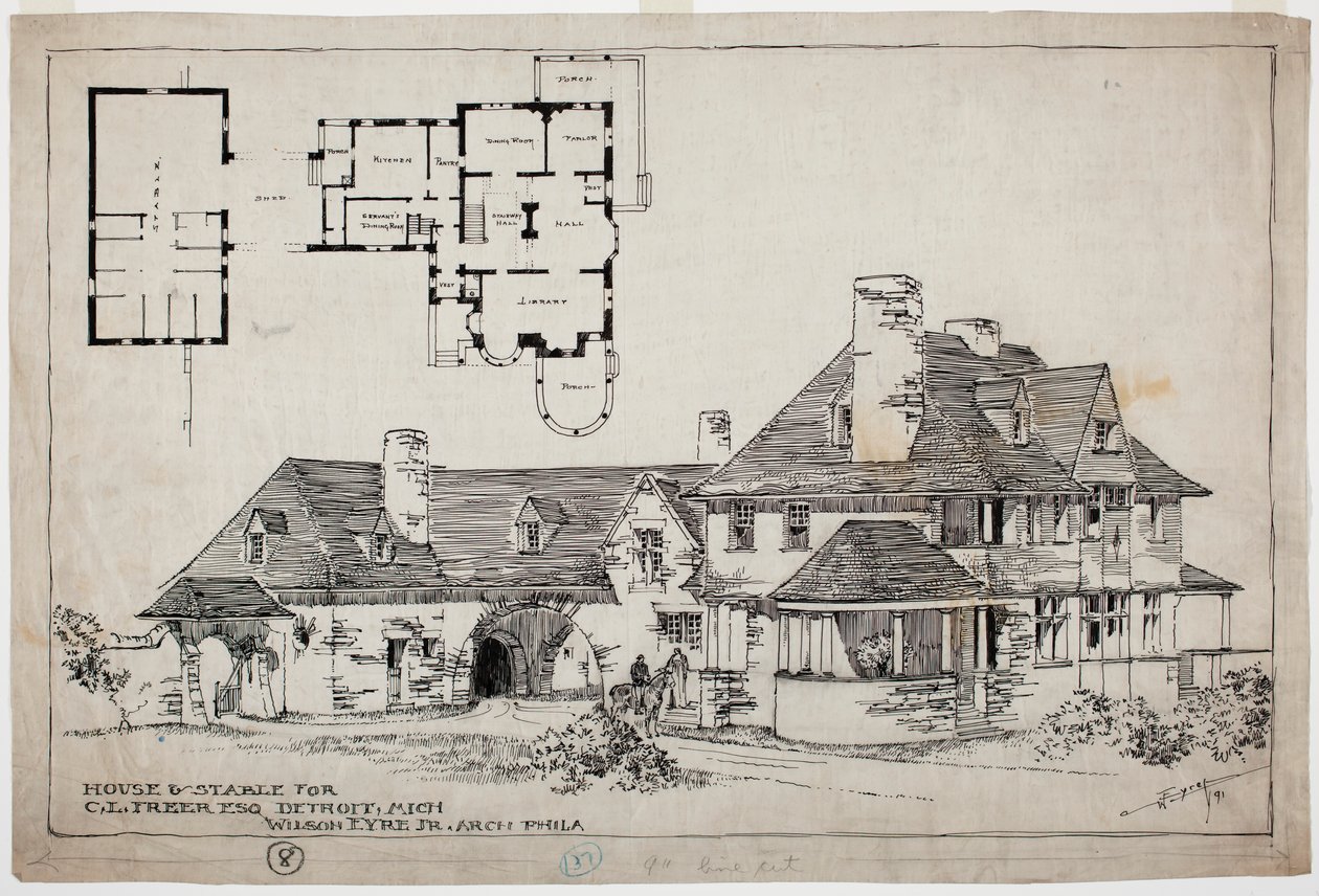 Residência Freer, House and Stable, 1891 (caneta e tinta sobre grafite sobre papel) de Wilson Eyre
