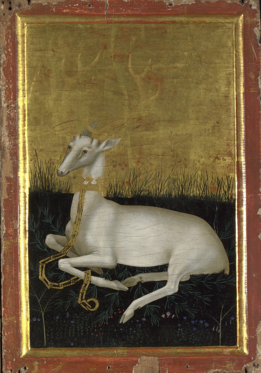 Um cervo branco acorrentado com uma coroa no pescoço O painel externo do Wilton Diptych, Entre 1395 e 1399 de Wilton Master