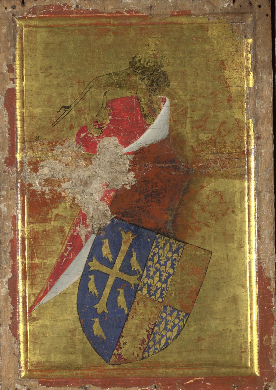 O brasão de Richard II da Inglaterra O painel externo do Wilton Diptych, Entre 1395 e 1399 de Wilton Master