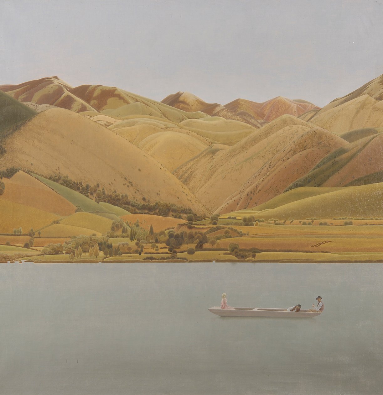 Edge of Abruzzi: Barco com três pessoas em um lago de Winifred Knights