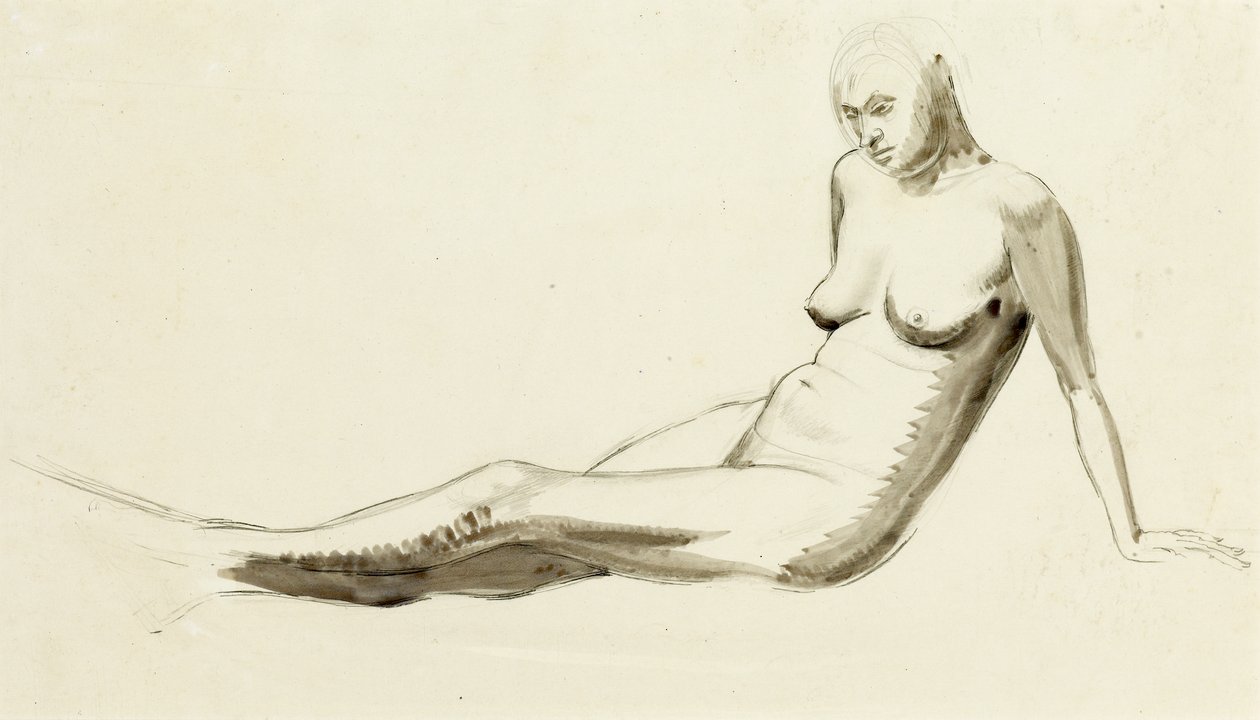 Nua sentada, c.1919 (caneta e lavagem a lápis) de Winifred Knights