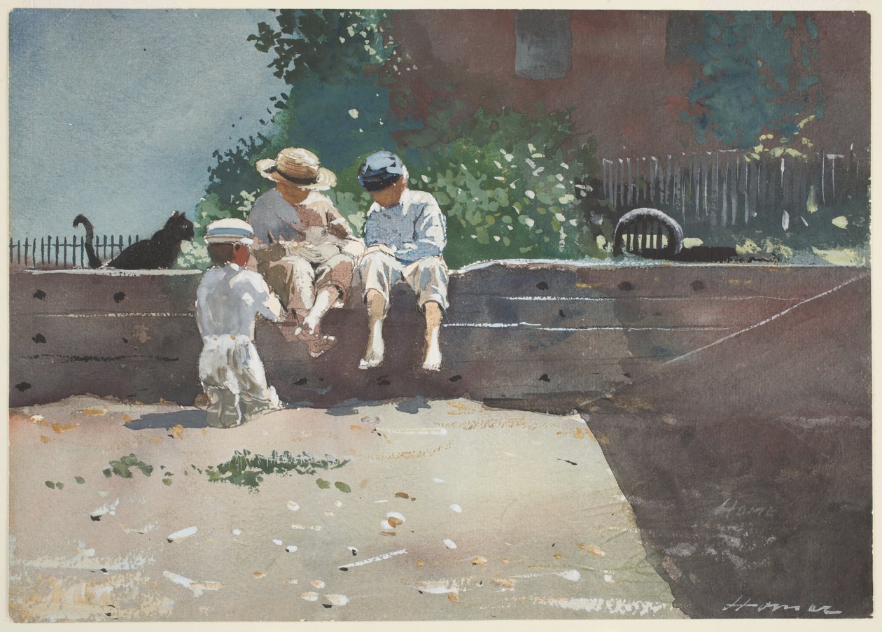 Boys and Kitten, 1873 (wc e guache sobre lápis sobre papel) de Winslow Homer