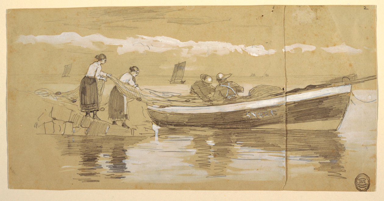 Desenho, pescador, e, mulheres, stowing, redes, em, um, encalhado, dory, Cullercoats, inglaterra de Winslow Homer