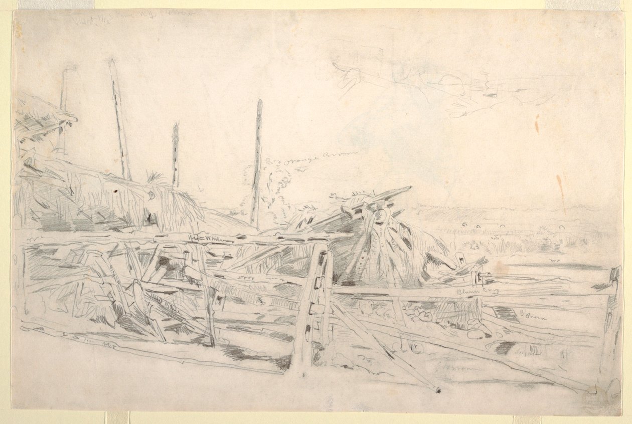 Desenho, palheiro e cerca de trilho, ca. 1870 de Winslow Homer