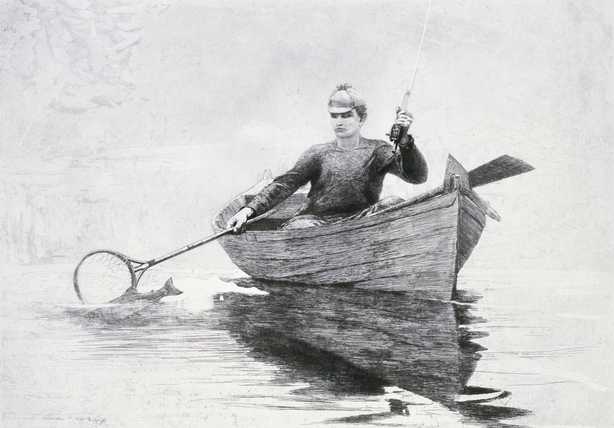 Pesca com mosca no Lago Saranac, 1889 (gravura e aquatinta no papel simili-Japão) de Winslow Homer