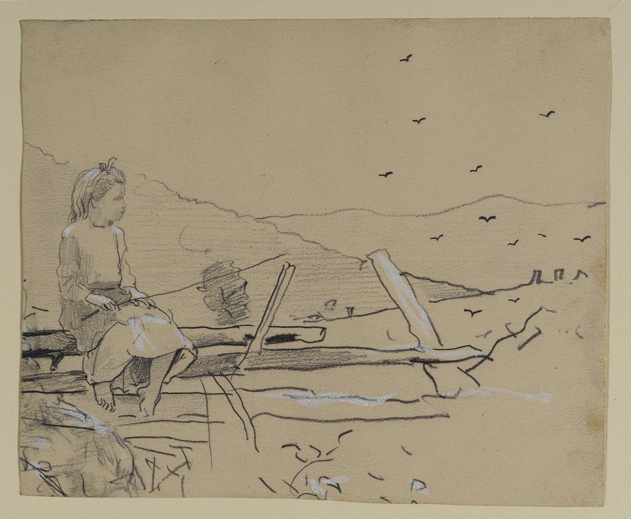 Menina sentada na vedação ferroviária, 1879 (grafite com branco chinês sobre papel) de Winslow Homer