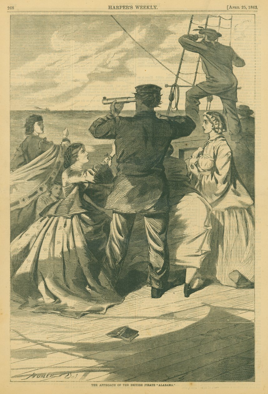 Impressão de um oficial da marinha espiando através de uma luneta em um navio ao longe, enquanto várias senhoras se amontoam ao redor dele de Winslow Homer