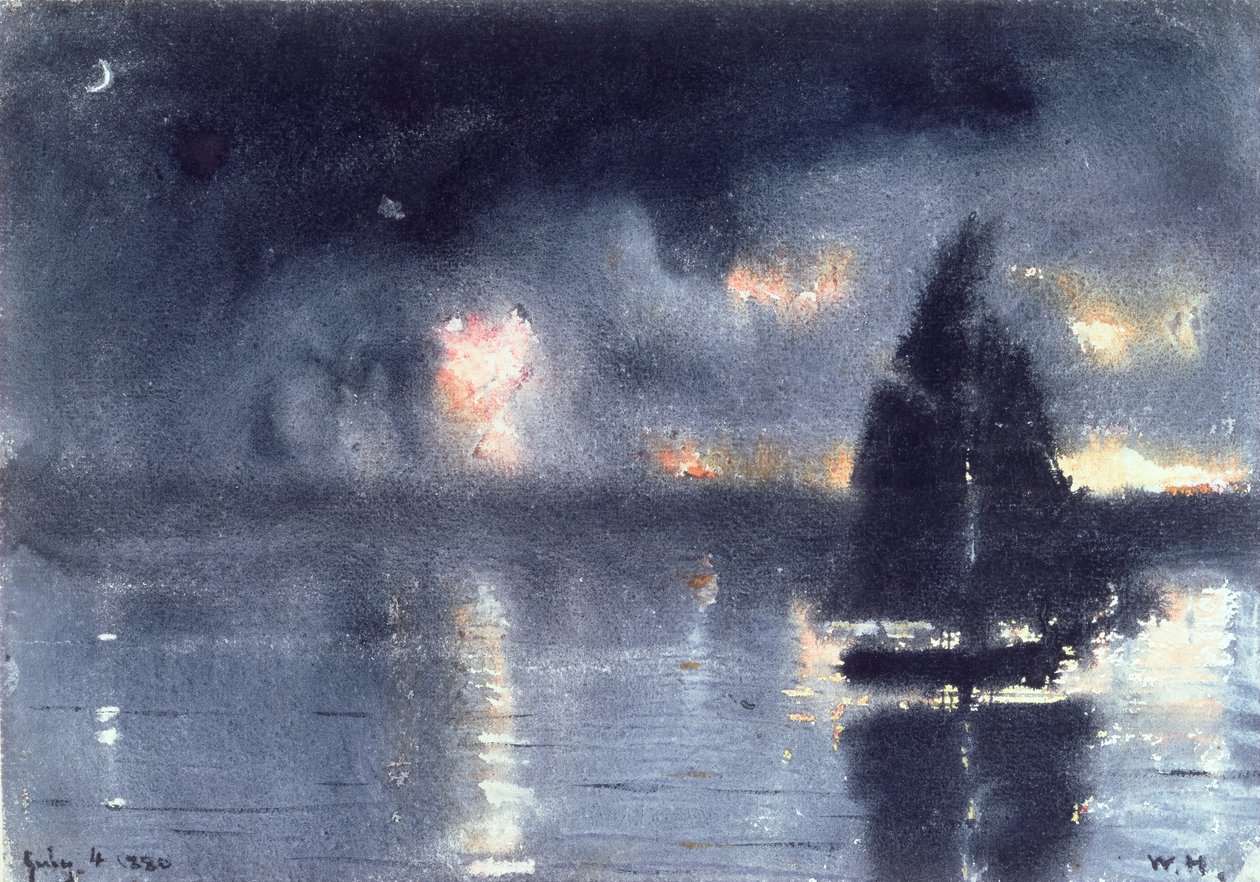 Veleiro e Quatro de Julho Fogos de Artifício, 1880 (wc no papel) de Winslow Homer