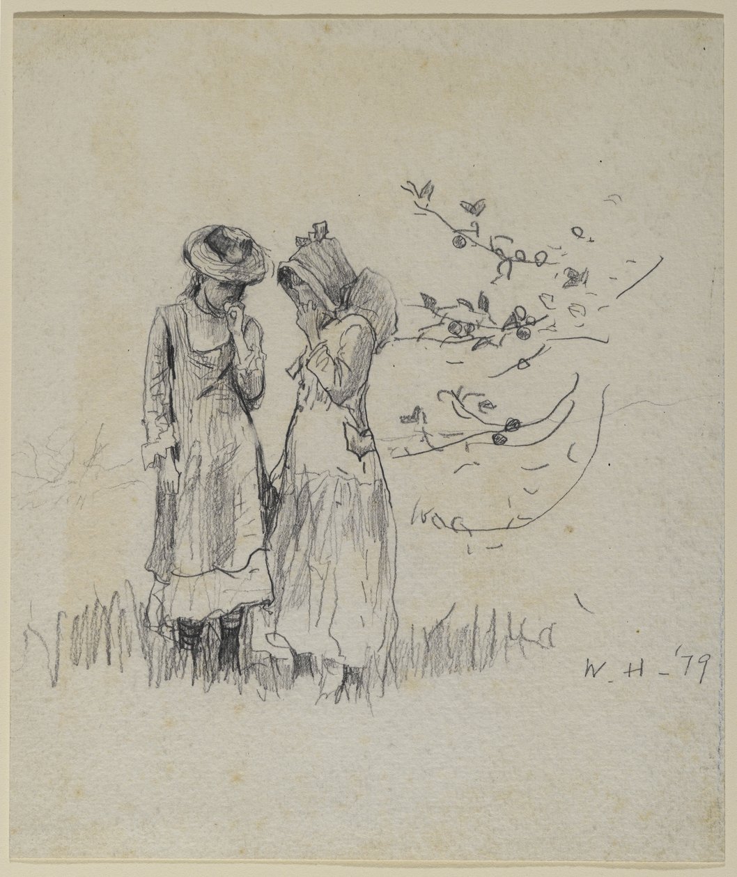 Duas garotas em um campo, 1879 (grafite sobre papel) de Winslow Homer
