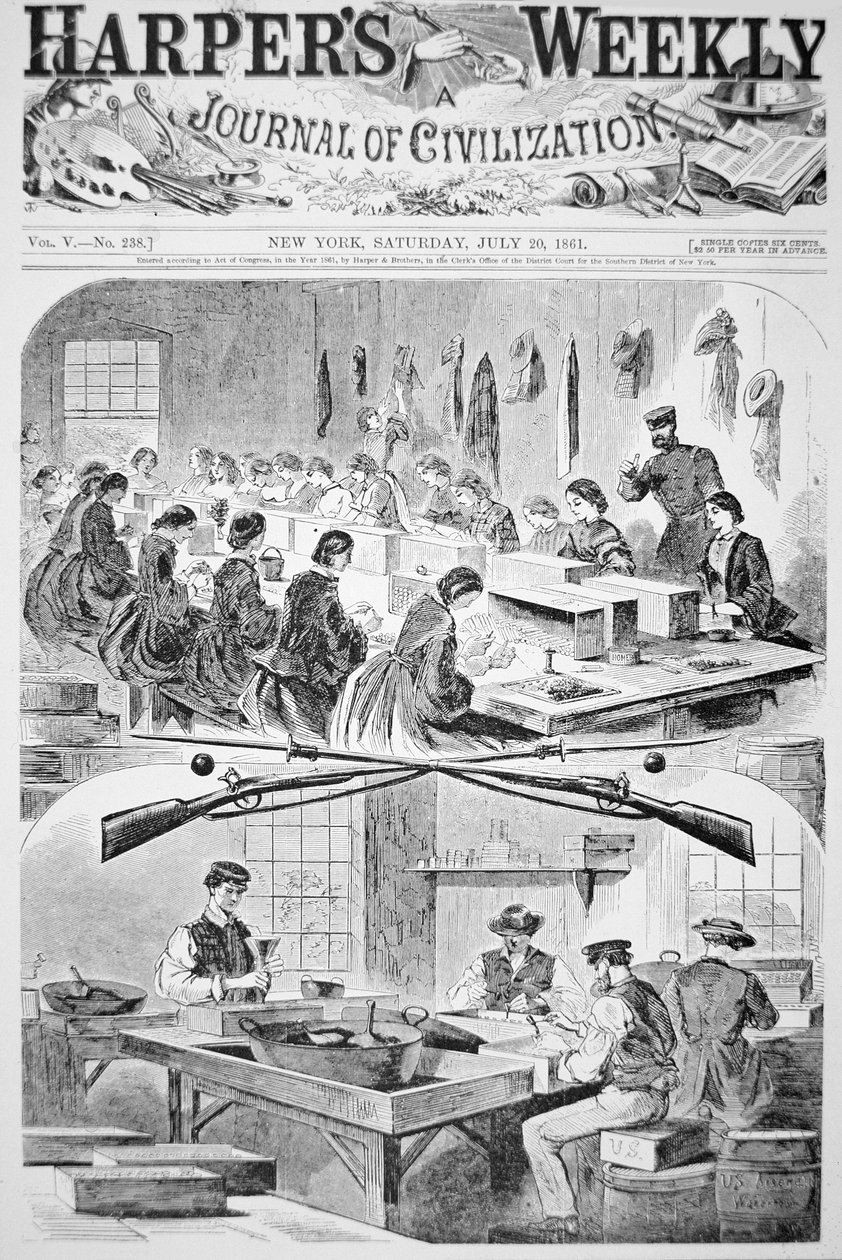 Homens & Mulheres enchendo cartuchos no arsenal em Watertown, Massachusetts, do Harper