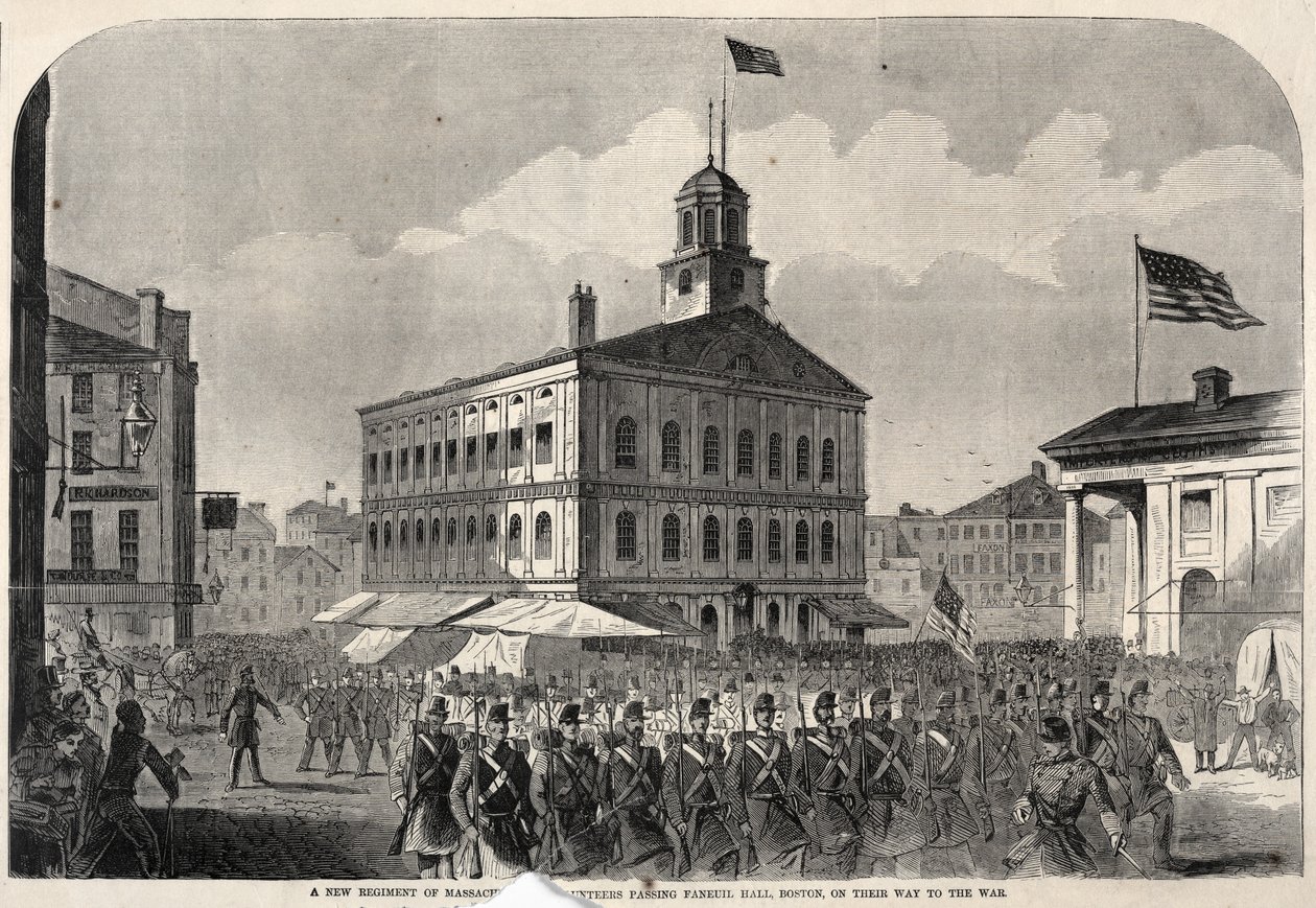 Um novo regimento de voluntários de Massachusetts passa por Faneuil Hall, em Boston, a caminho da guerra de Winslow Homer