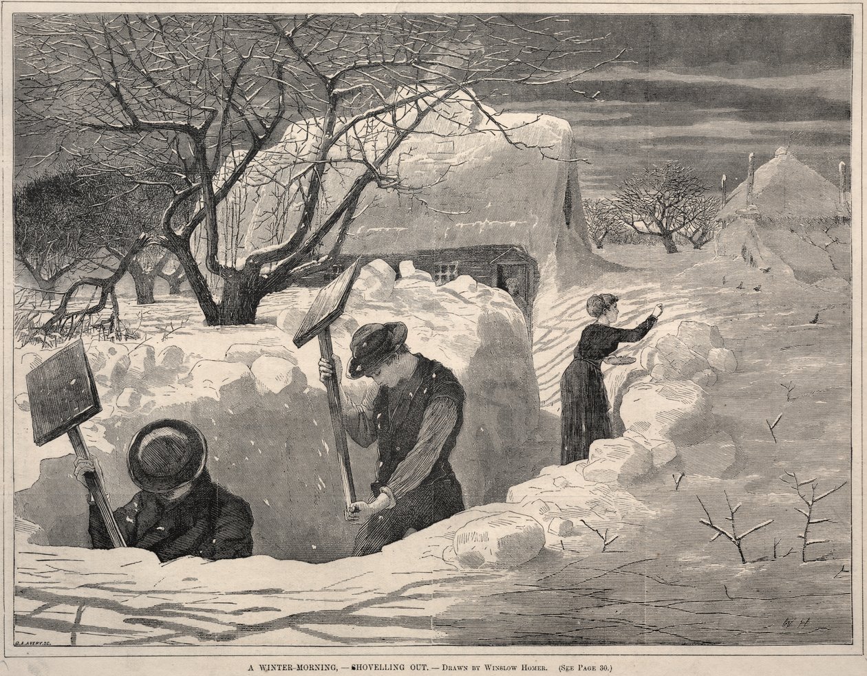 Uma manhã de inverno — A limpar a neve com a pá de Winslow Homer