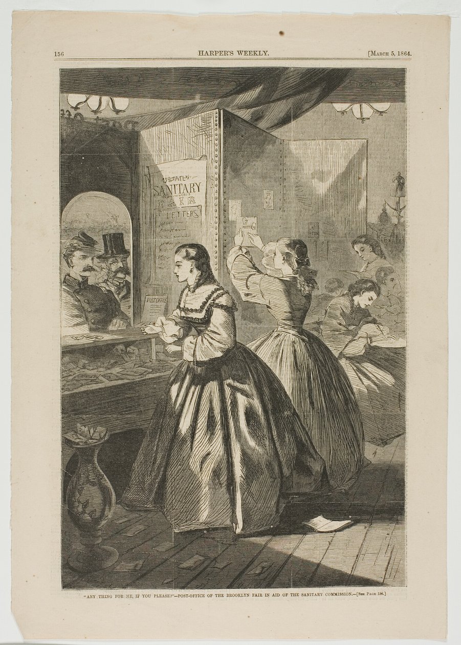 "Qualquer coisa para mim, por favor" - Correio da Feira de Brooklyn em Ajuda à Comissão Sanitária de Winslow Homer