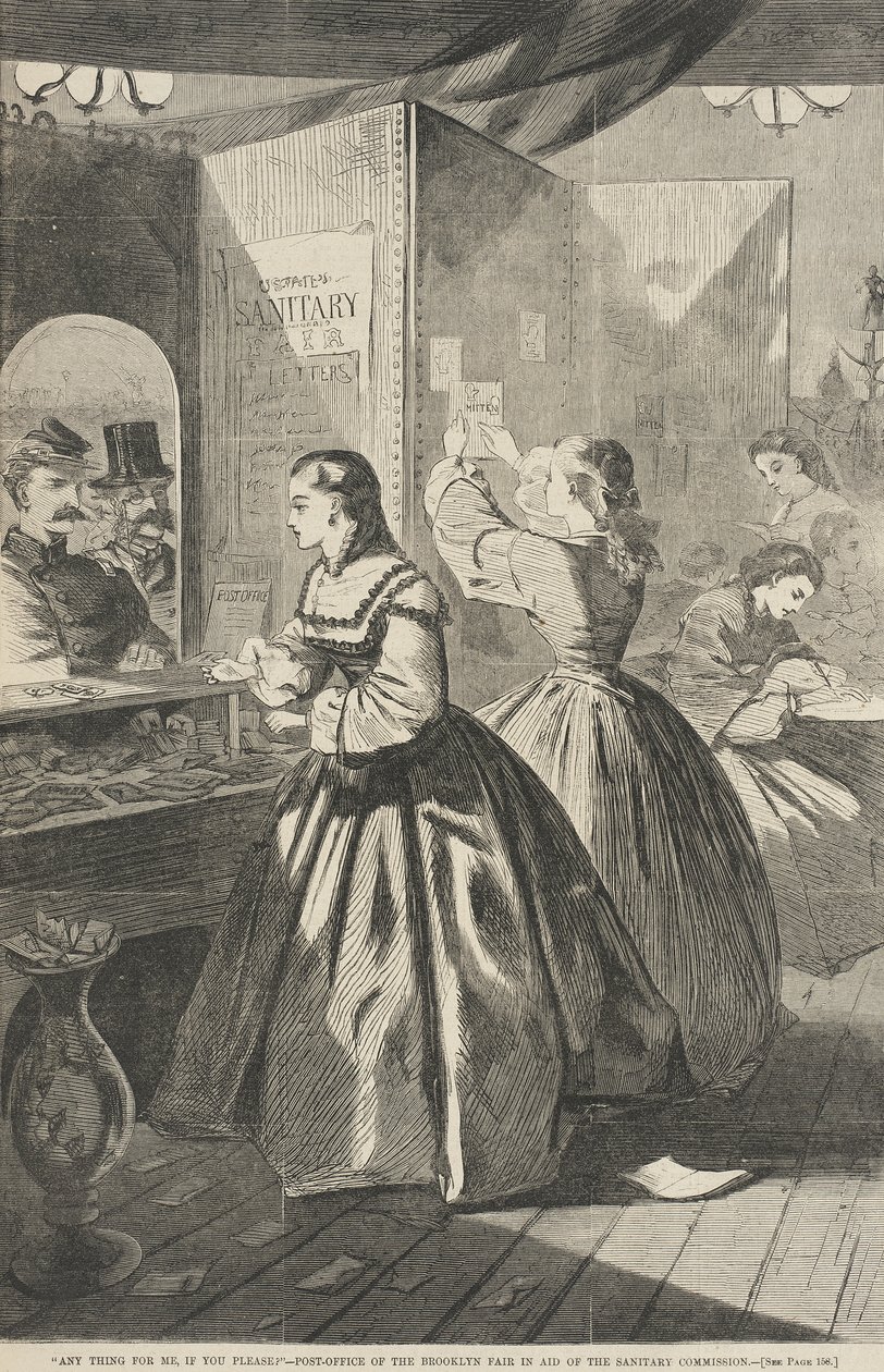 «Algo para mim, por favor?» - Estação dos correios da Feira de Brooklyn em apoio da Comissão Sanitária de Winslow Homer