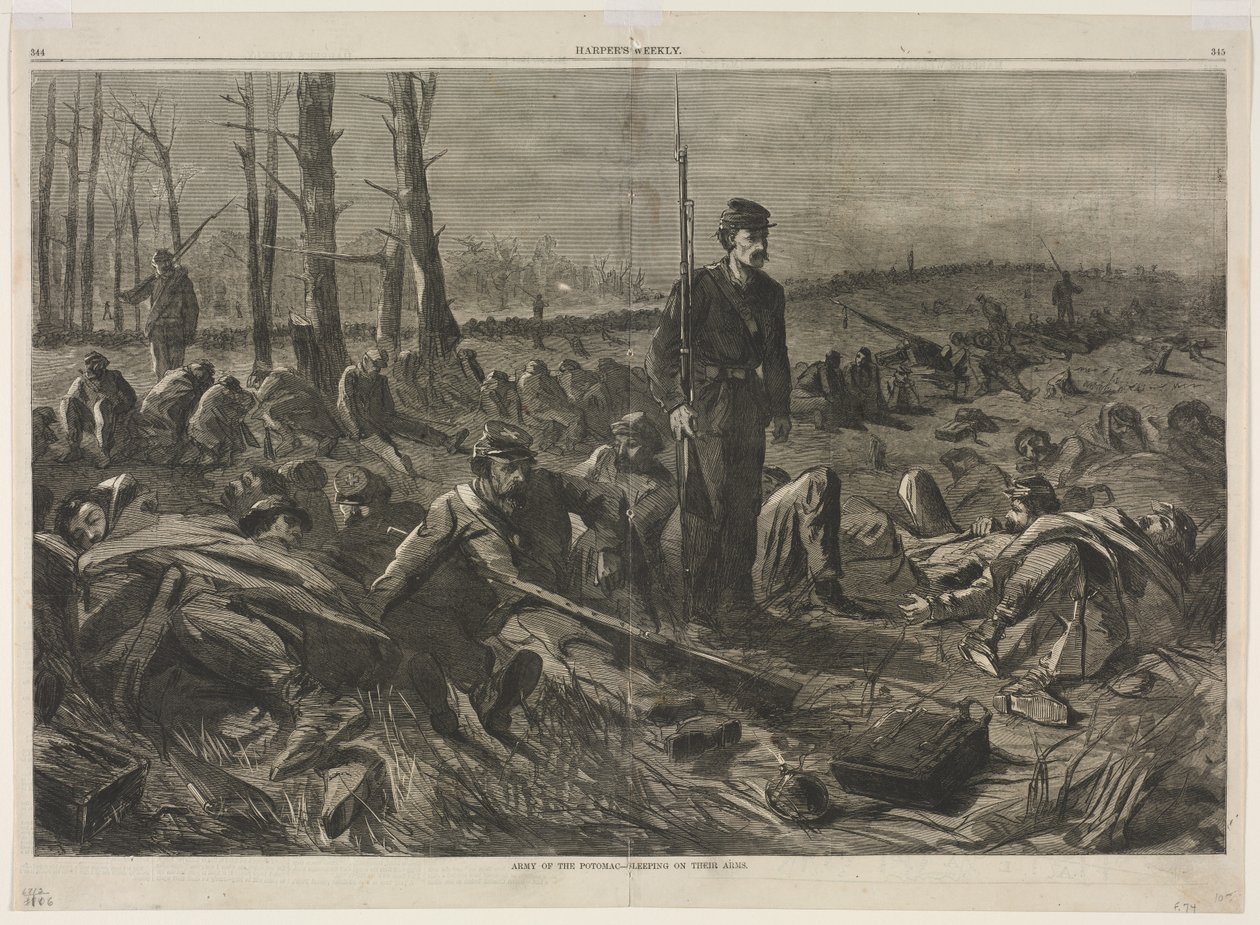 Exército de Potomac - Dormindo em seus braços, 1864. de Winslow Homer