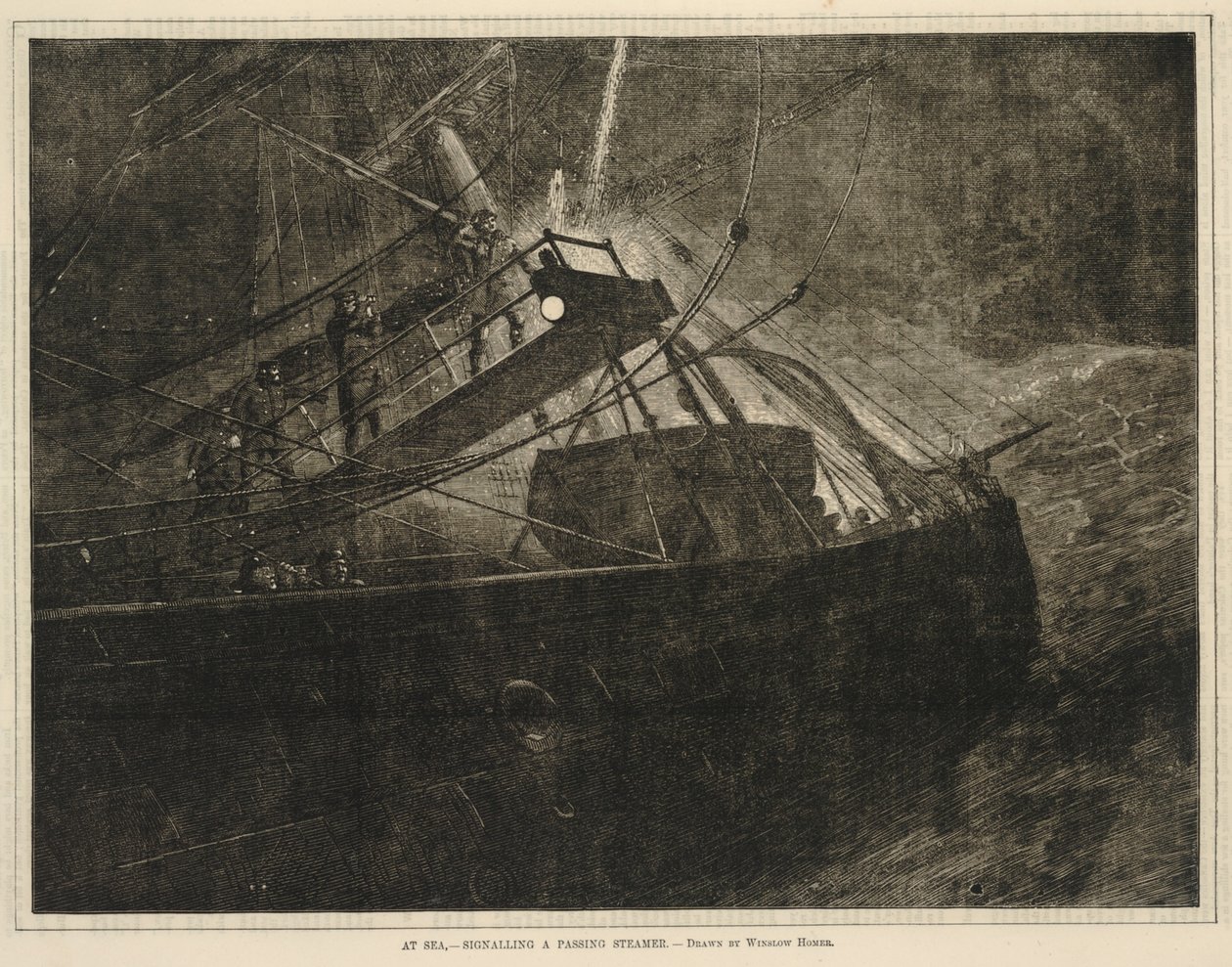 No mar - Sinalizando um navio a vapor que passa, de Todos os sábados, 8 de abril de 1871 de Winslow Homer